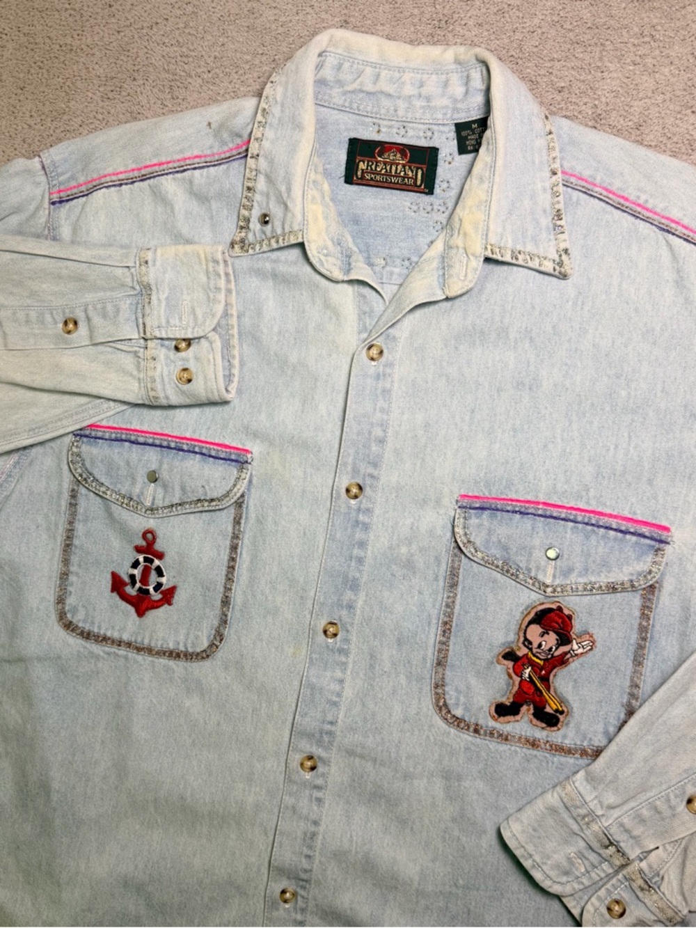 Vintage 90s Greatland Sportswear Denim Shirt Adult M Elmer Fudd Looney Tunes